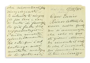 CARUSO, ENRICO. Autograph Letter Signed, Caruso, to cellist Enrico M. Scognamillo, in Italian,